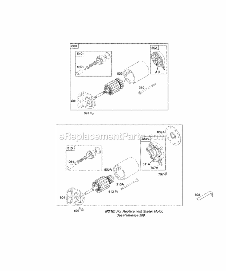 Electric Starter Diagram and Parts List for 304447-0416-E1  Briggs and Stratton Engine